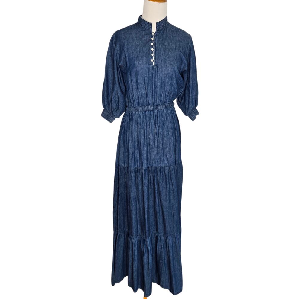 Skemo Womens Prairie Chambray Maxi Dress Cottage Tiered Western Country Medium